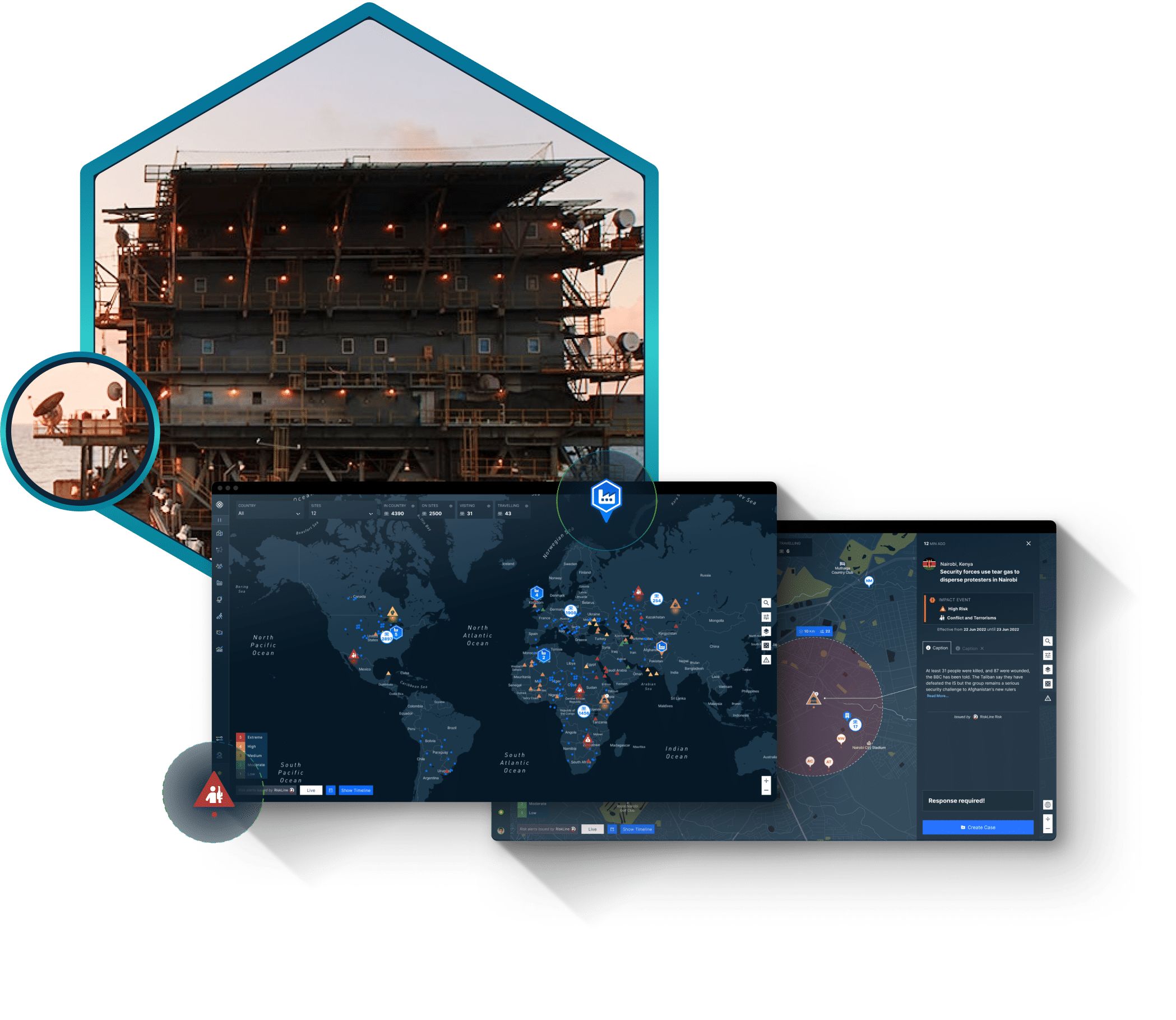 restrata-connected-resilience-connected-site-full-visibility Screens of the Restrata platform overlayed on an image of an offshore site