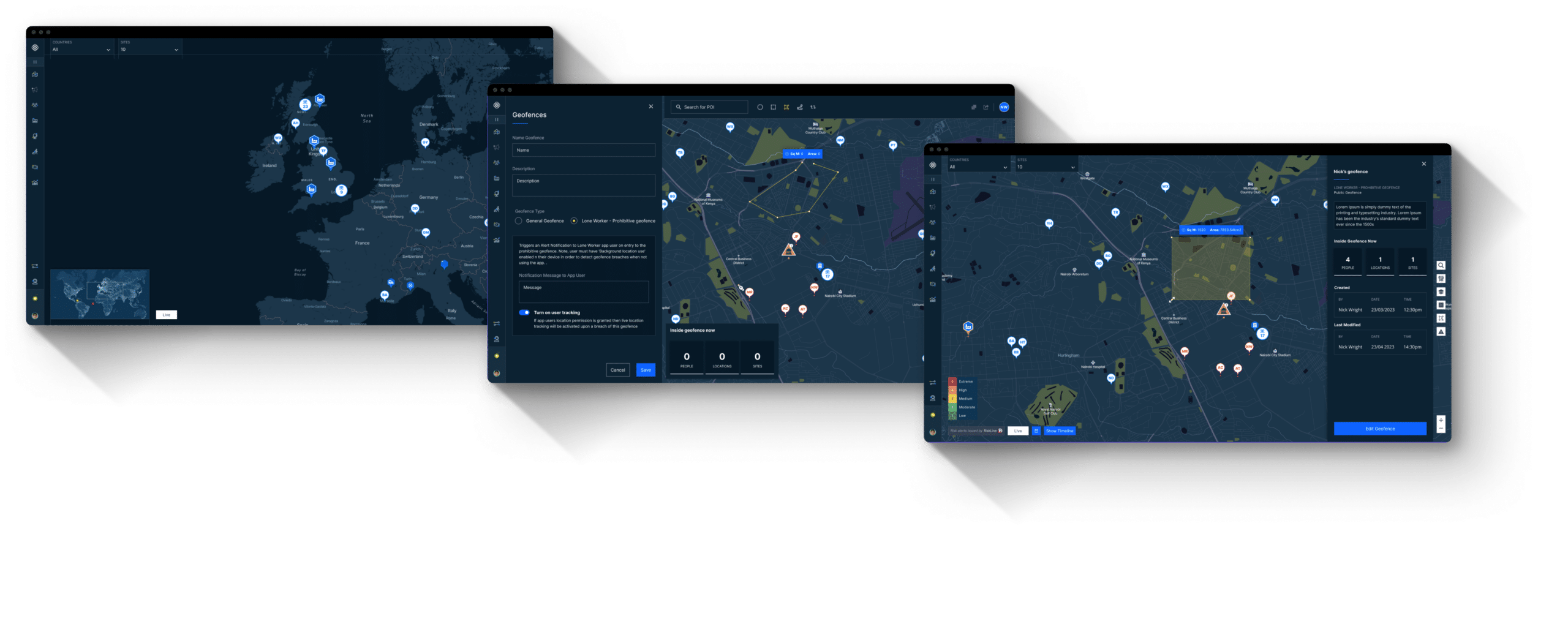 Three screens of the Restrata platform displaying maps with incidents flagged