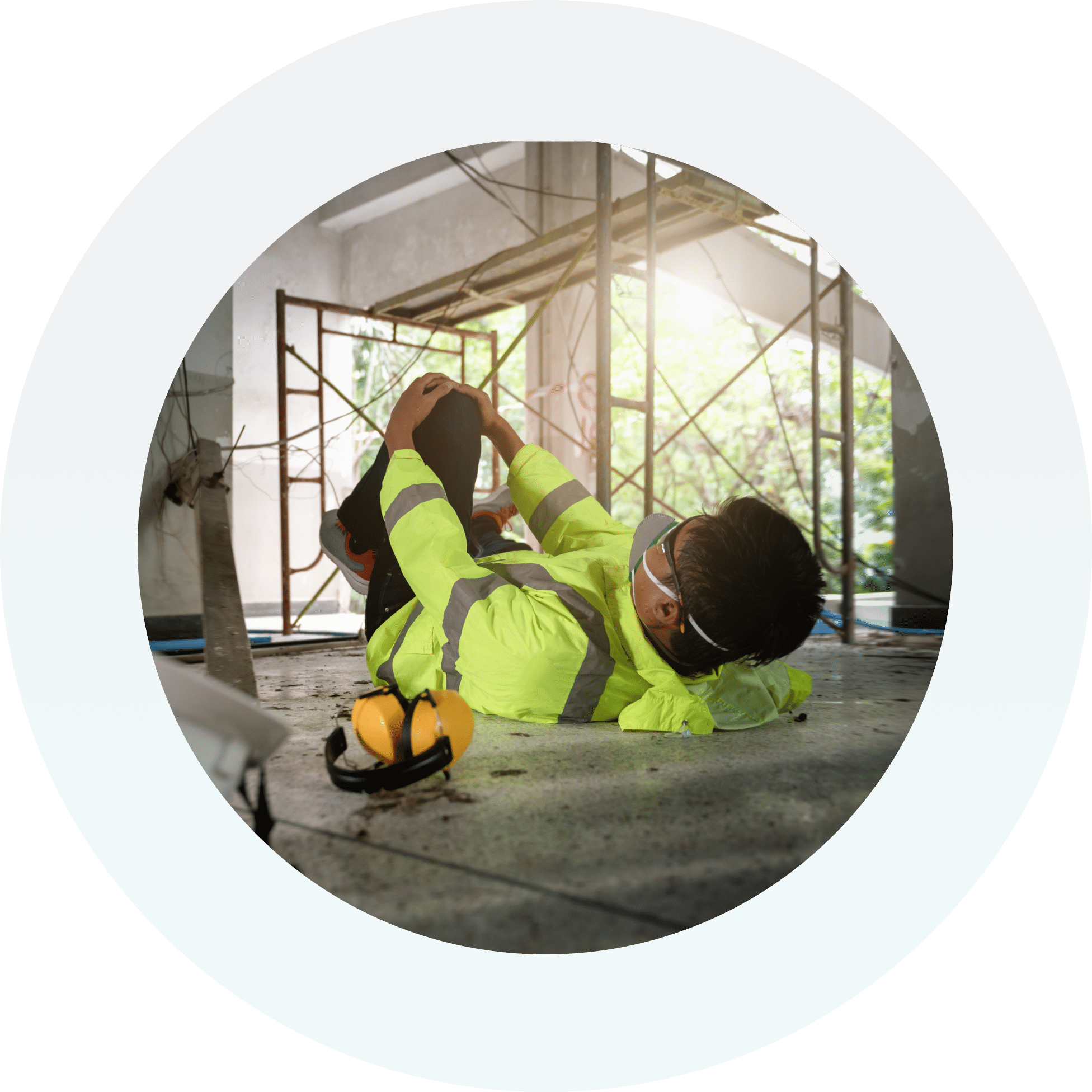 Site worker in a high visibility jacket lying on the ground stretching his leg whilst on site.