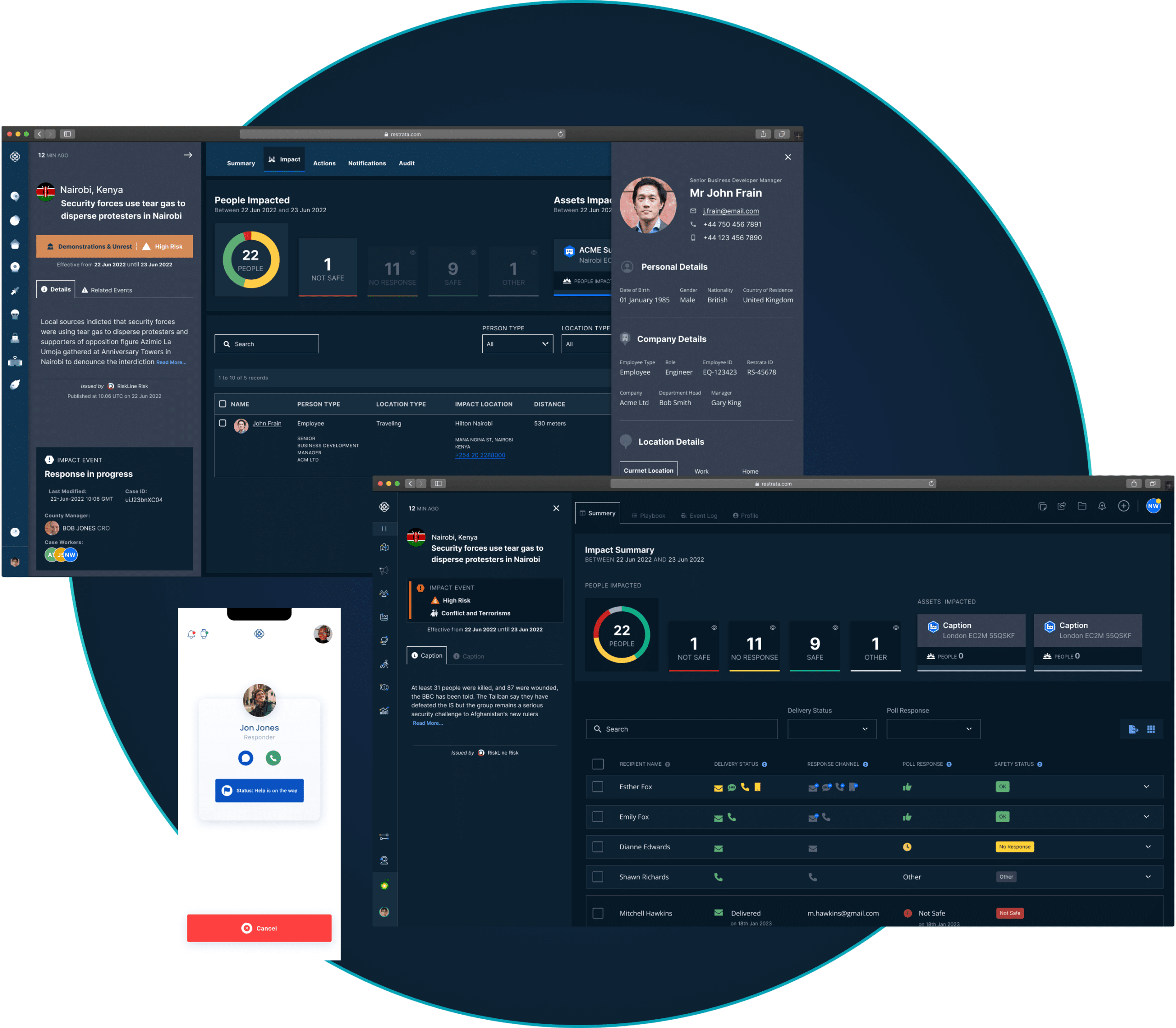 Two desktop screens and a mobile screen all showing aspects of the Restrata platform