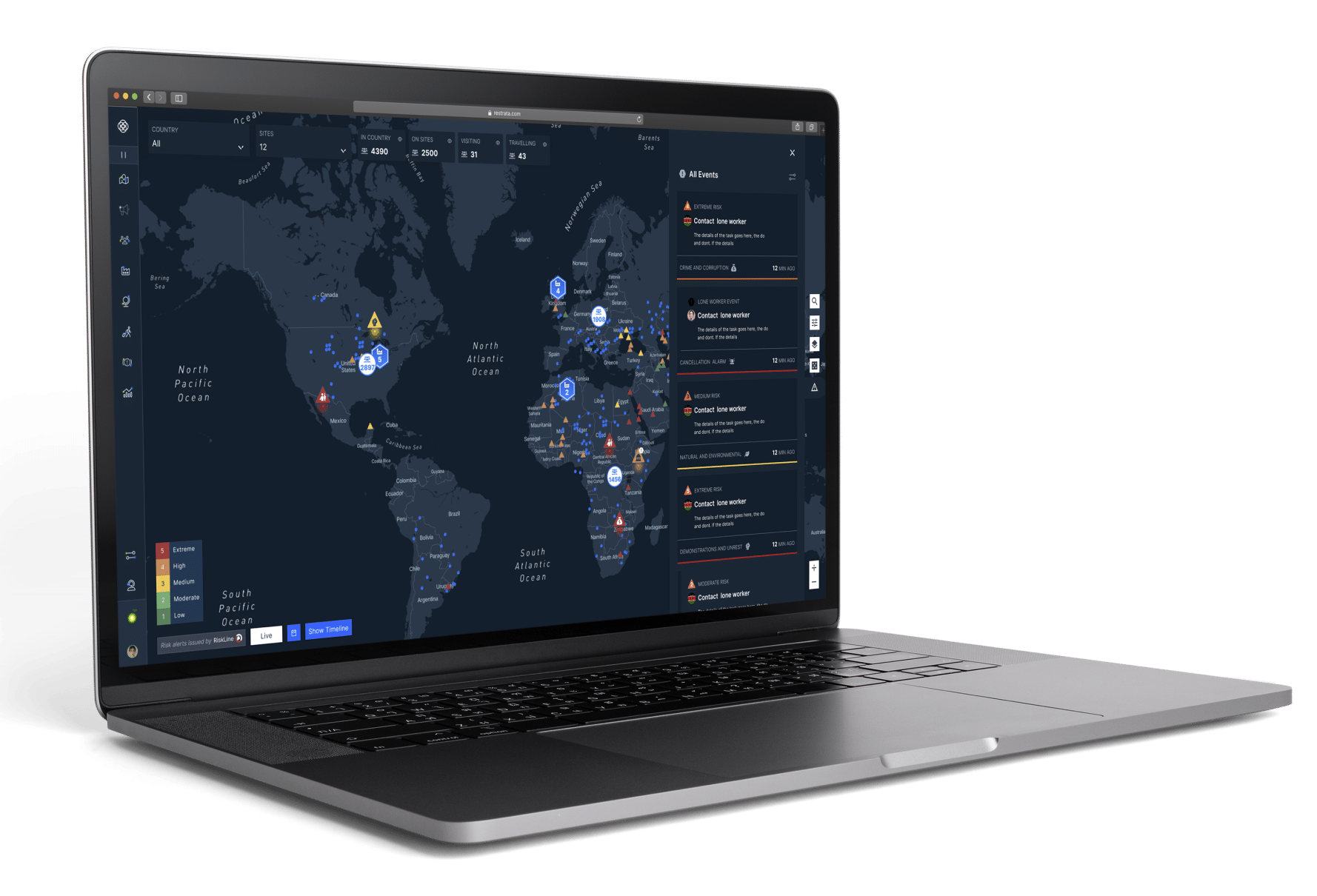 Laptop open with the Restrata platform displaying a map of the world highlighting risk events