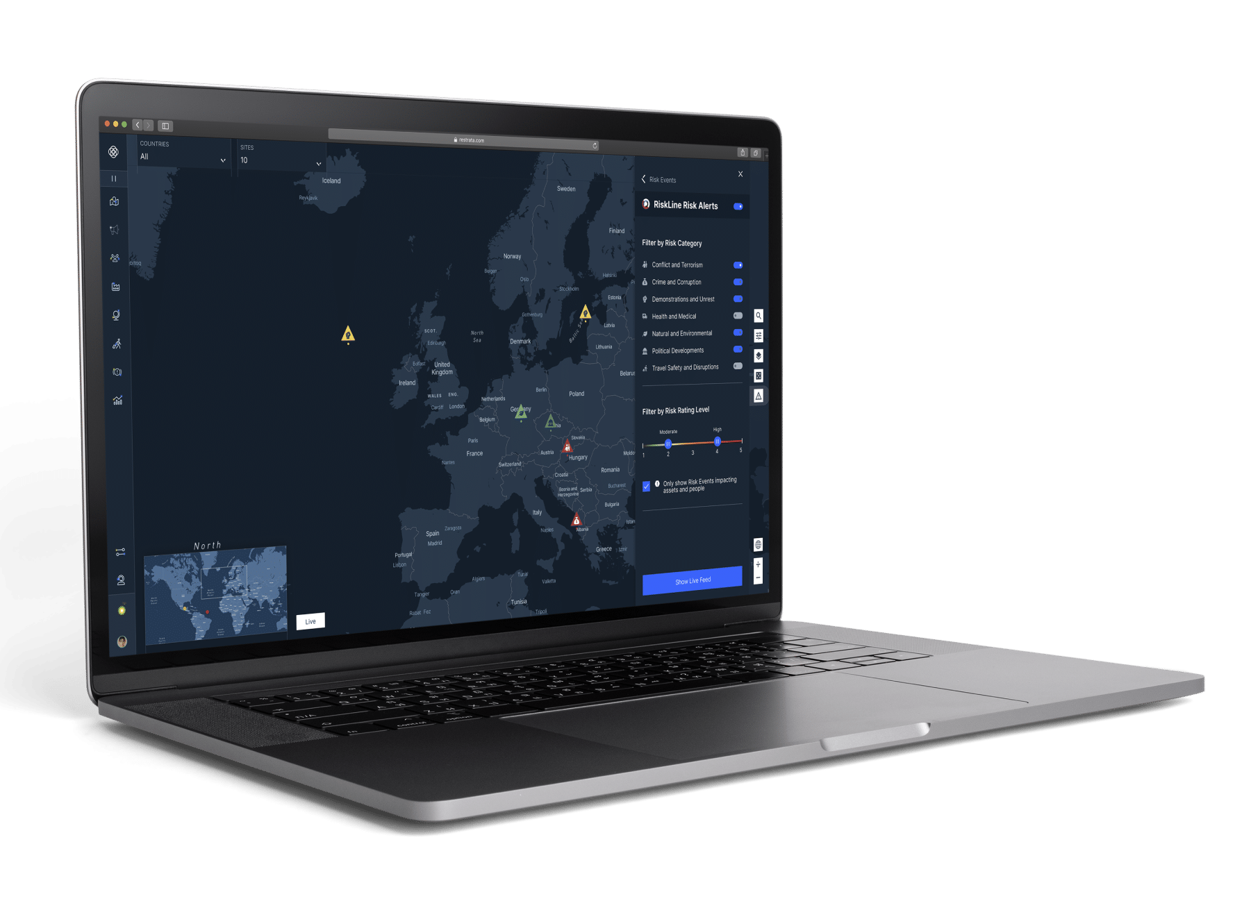 Laptop displaying the Restrata platform and a map of the world with risk areas flagged