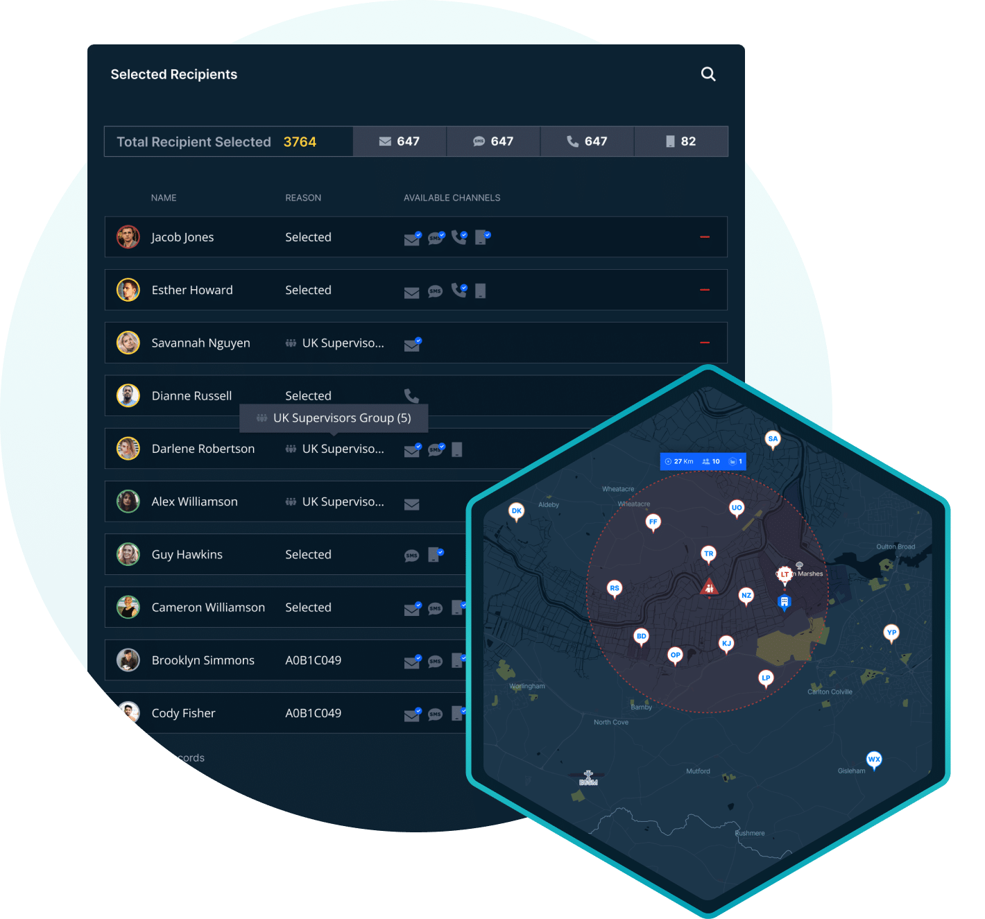 A map showing areas affected by risk and the mass communications feature in Restrata