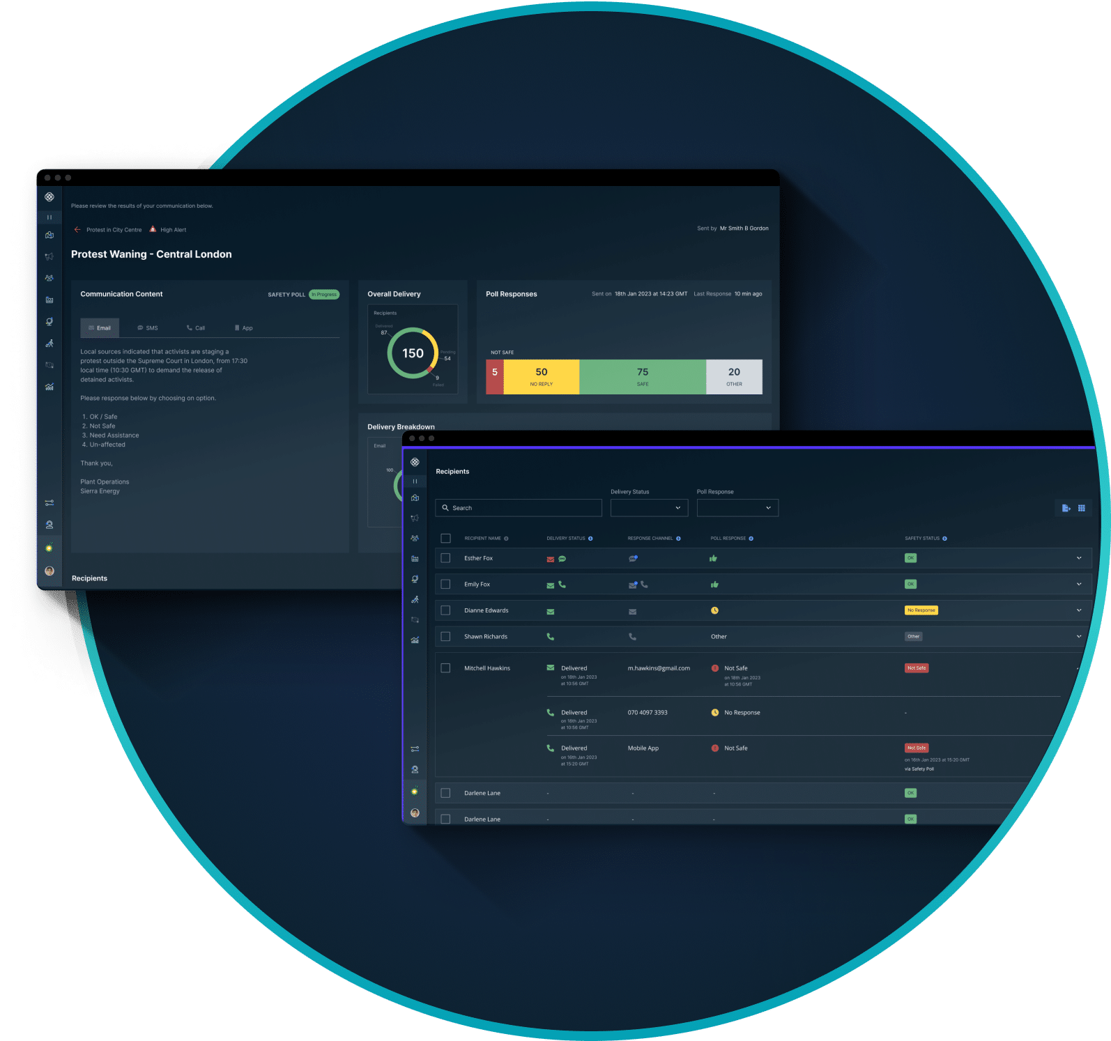 Screenshots of the Restrata platform showing the risk alerts and mass communications features