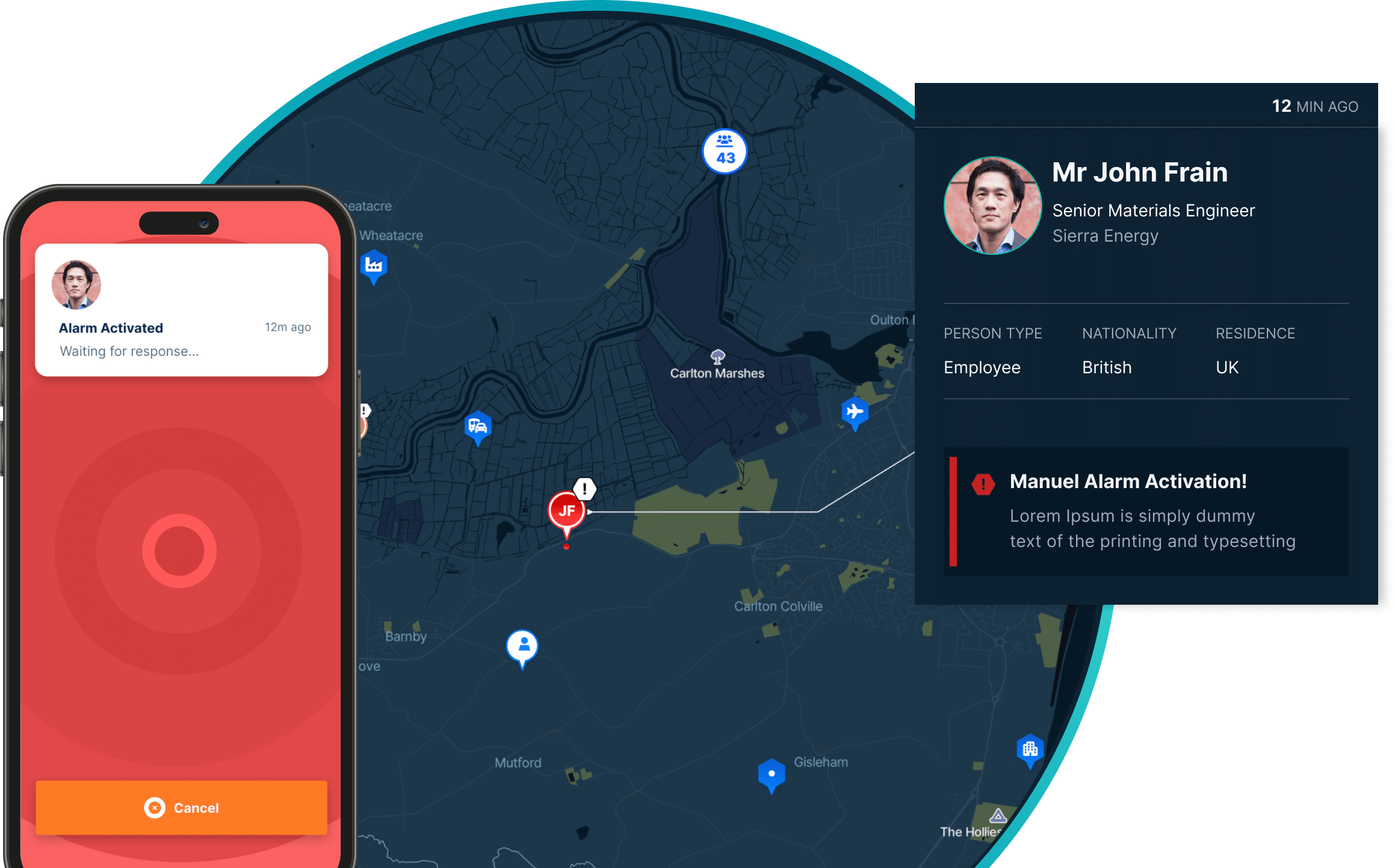 The Restrata lone worker app showing real-time emergency response