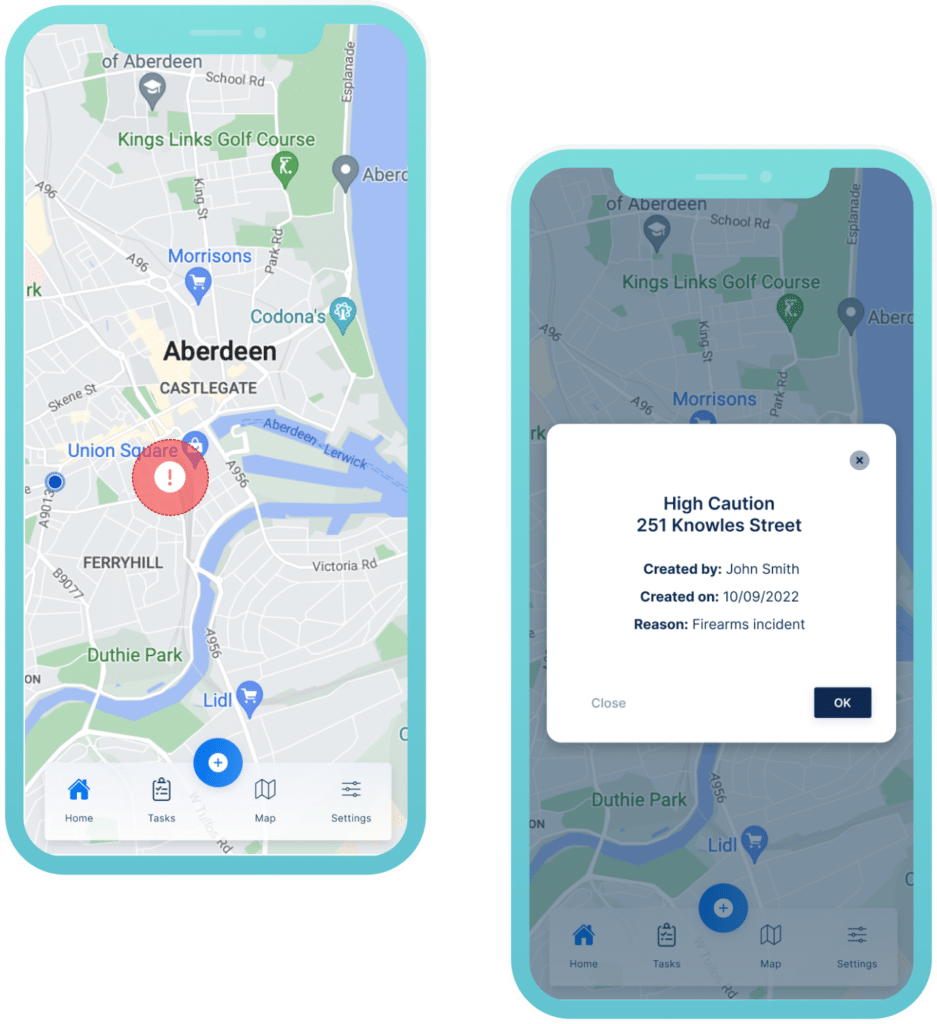 restrata-connected-resilience-platform-lone-worker-risk-activity The Restrata lone worker app showing a 'high caution' event