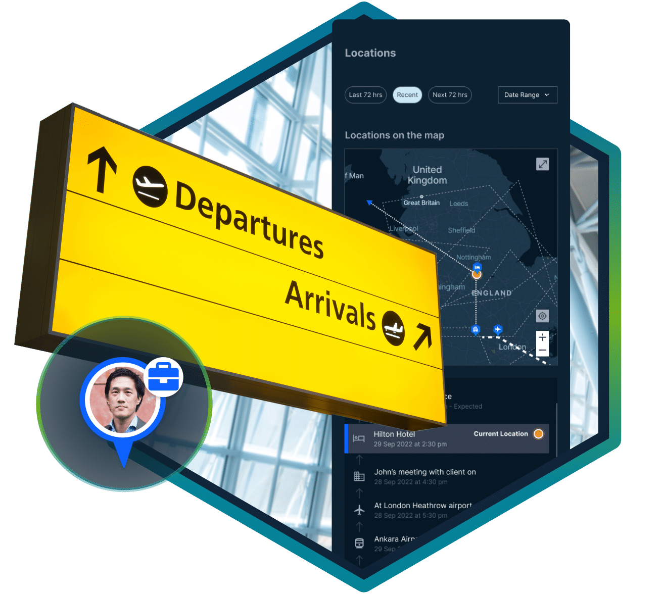 An airport 'Departures & Arrivals' sign overlayed on an image of the Restrata platform showing a travel path on a map