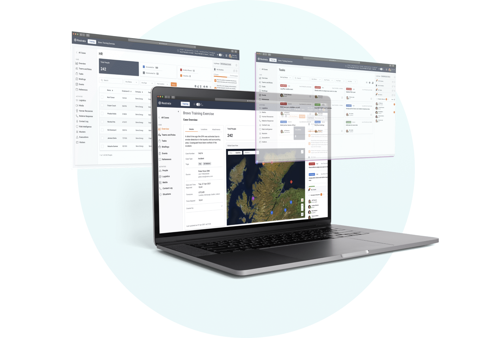 A laptop displaying the Incident Crisis Management functionality in Restrata