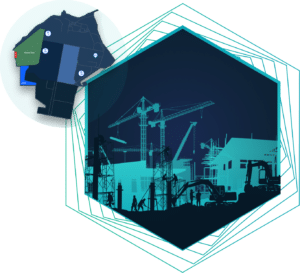 restrata-connected-resiliennce-situational-awareness-protect-assets Vector image of workers on a construction site with cranes and diggers