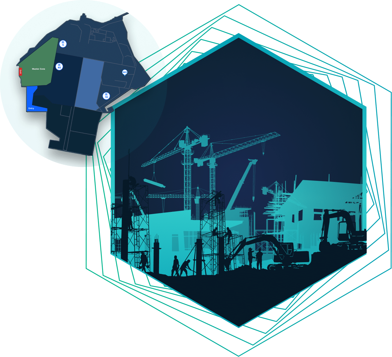 Vector image of workers on a construction site with cranes and diggers