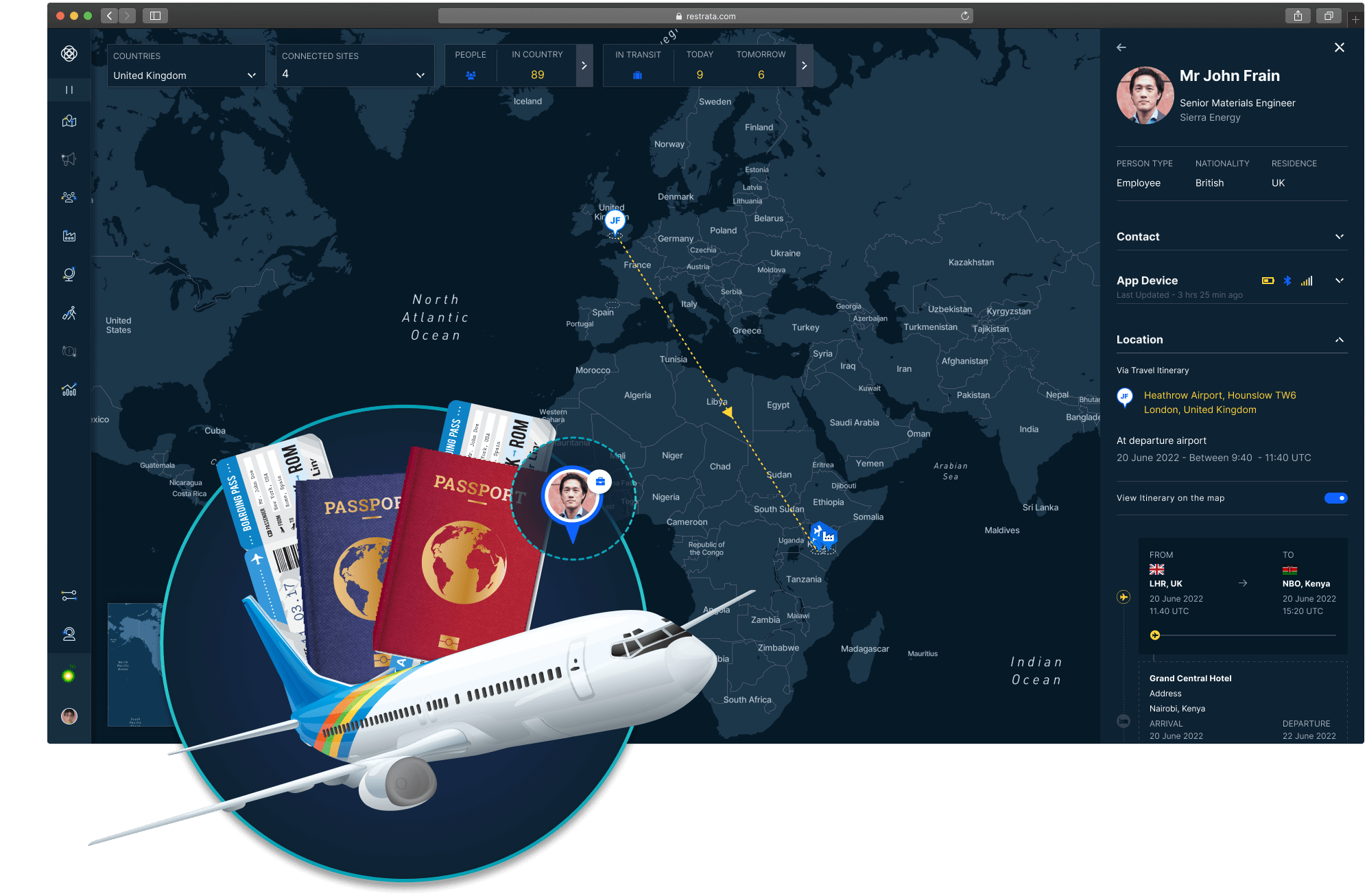 dashboard showing unified travel data and snippet of passport and airplane global travel