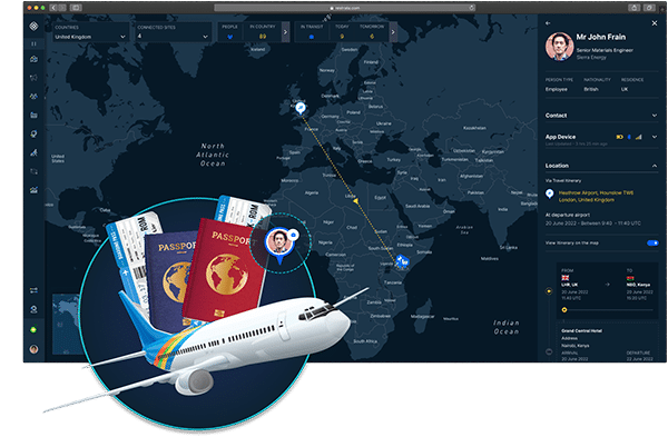 dashboard showing unified travel data and snippet of passport and airplane