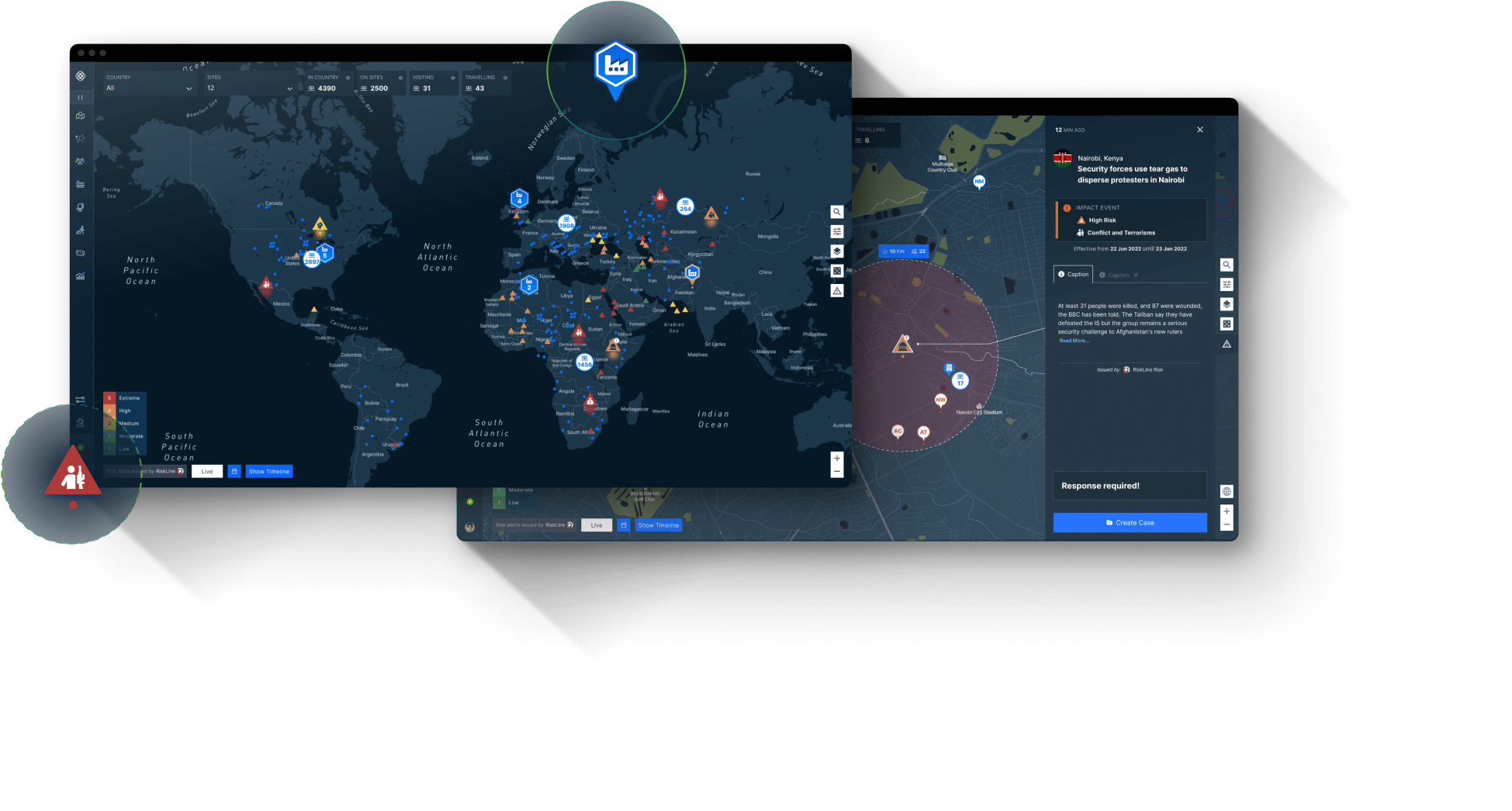 Two screens of the Restrata platform showing real-time risks overlayed on a global map